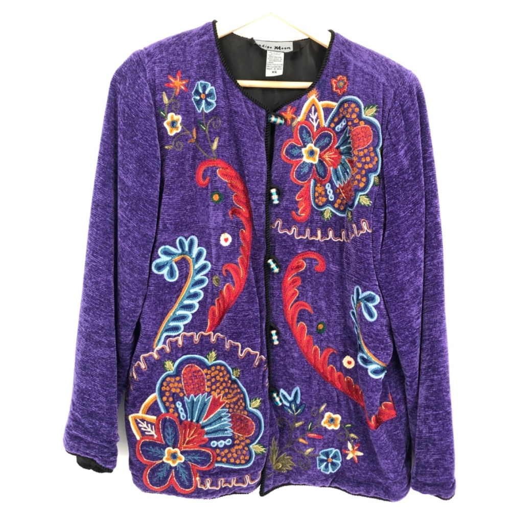 Indigo Moon Womens Jacket Size XS Purple Artsy Embroidered Floral Glass‎ Beads